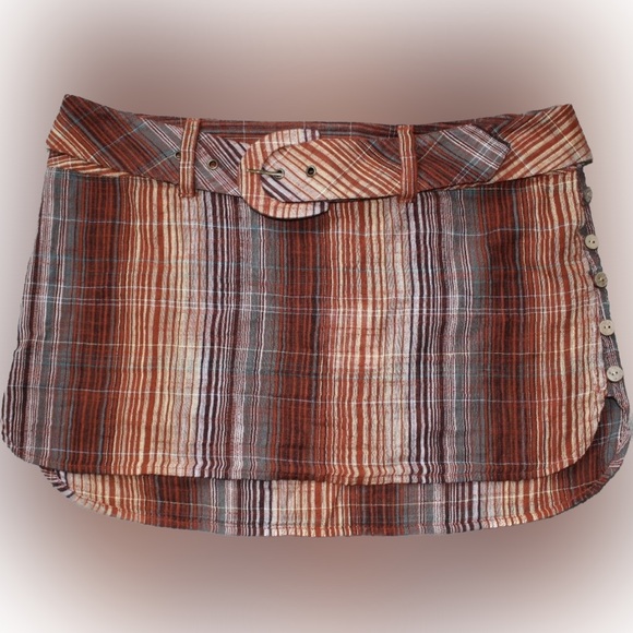 FREE PEOPLE Boho Mini Skirt Plaid Earth Tone w/ Belt Hippie Coastal Ethnic Beach - Picture 2 of 9